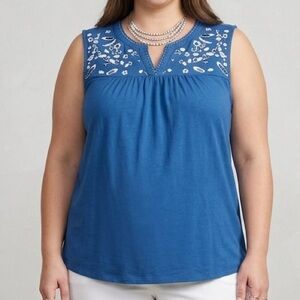 😍SHOW SPECIAL Blue Sleeveless White Floral Embroidery Blouse XL